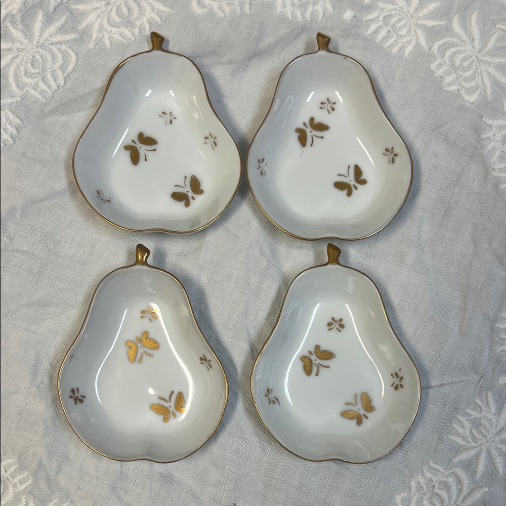 4 Ardalt Pear Shaped Gold Butterfly Ceramic Butter Pat Dish Salt cellar Gold